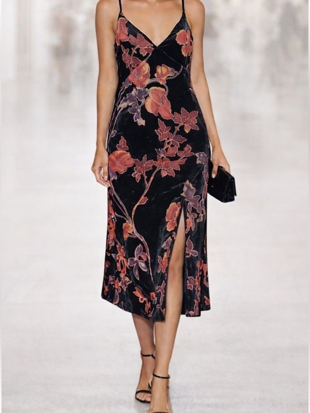 NWT Rachel Zoe Black Floral Velvet Midi Slip Dress with Side Slit. Size 14
